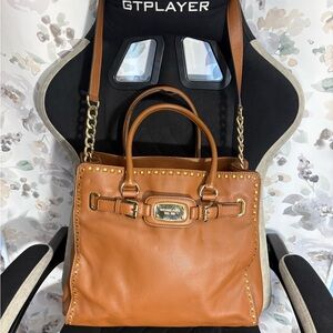 Michael Kors Tan Leather Studded Satchel with Gold Hardware